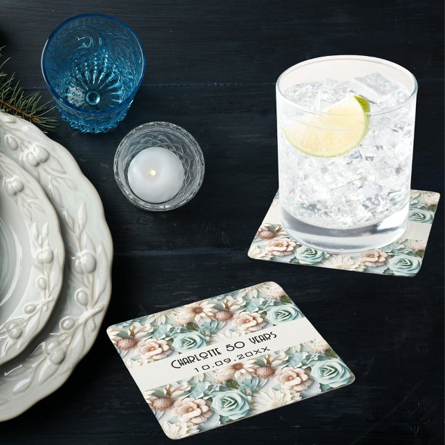 Flowers dusty green cream birthday name square paper coaster (Creator Uploaded)