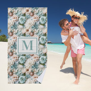 Flowers dusty green cream monogram initial beach towel
