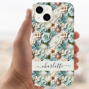 Flowers dusty green cream name script iPhone 15 case