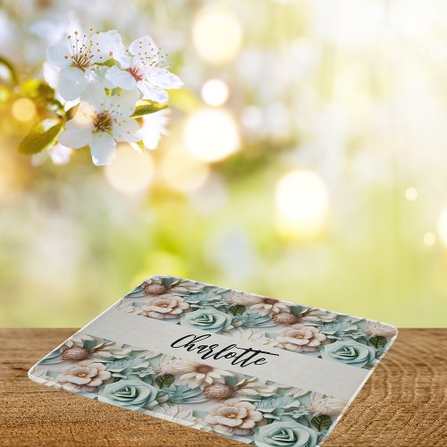 Flowers dusty green cream name script cutting board