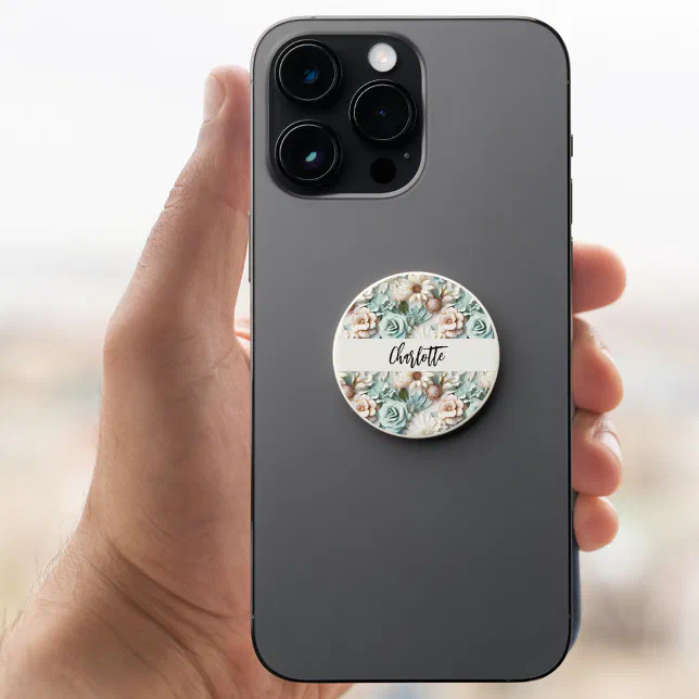 Flowers dusty green cream name script PopSocket | Zazzle