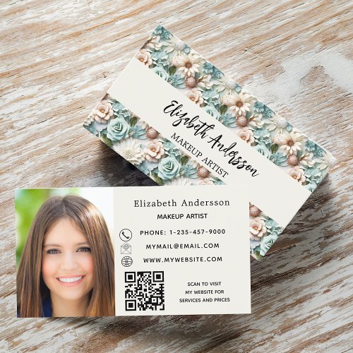 Flowers dusty green cream photo QR logo Business Card