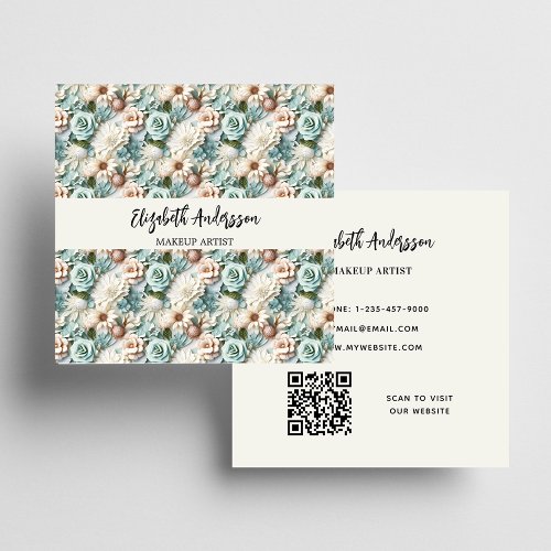 Flowers dusty green cream photo QR logo Square Business Card