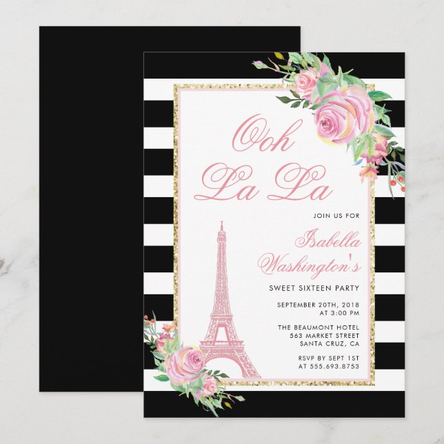 Flowers & Eiffel Tower Birthday Party Invitation (Front/Back)