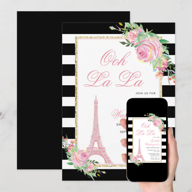 Flowers &amp; Eiffel Tower Birthday Party Invitation | Zazzle