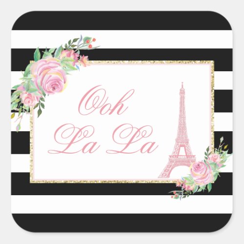 Flowers & Eiffel Tower Birthday Party Square Sticker - Flowers & Eiffel Tower Birthday Party.