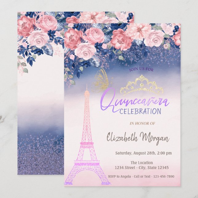 Flowers,Eiffel Tower Butterfly Ombre Quinceanera  Invitation (Front/Back)