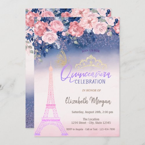 FlowersEiffel Tower Butterfly Ombre Quinceanera  Invitation