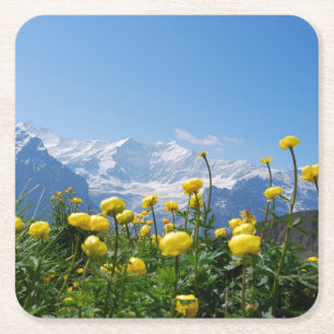Flowers Eiger Monch Swiss Alps Square Paper Coaster