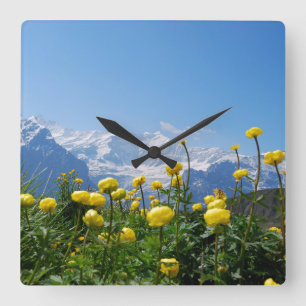 Flowers Eiger Monch Swiss Alps Square Wall Clock