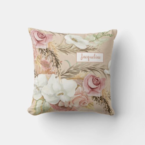 Flowers Elegant Pampas Blush Pink Rose Watercolor Throw Pillow