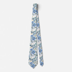 Flowers Elegant Watercolor Stylish Blue White Neck Tie