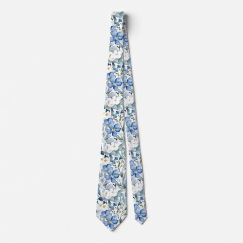 Flowers Elegant Watercolor Stylish Blue White Neck Tie