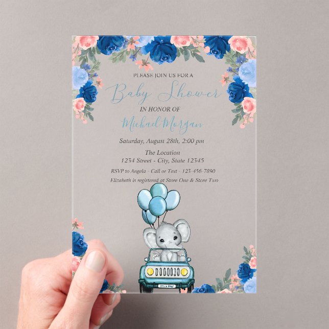 Flowers, Elephant Car Baby Shower Acrylic Invitations (Insitu (Handheld))