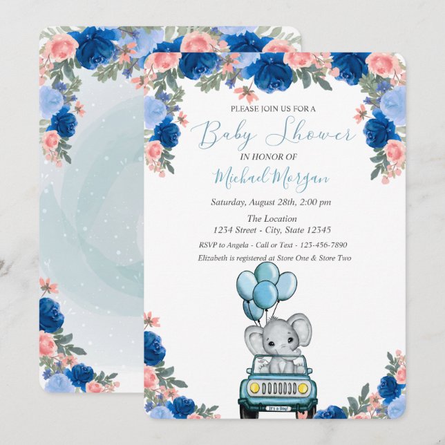 Flowers, Elephant Car Baby Shower Invitation (Front/Back)