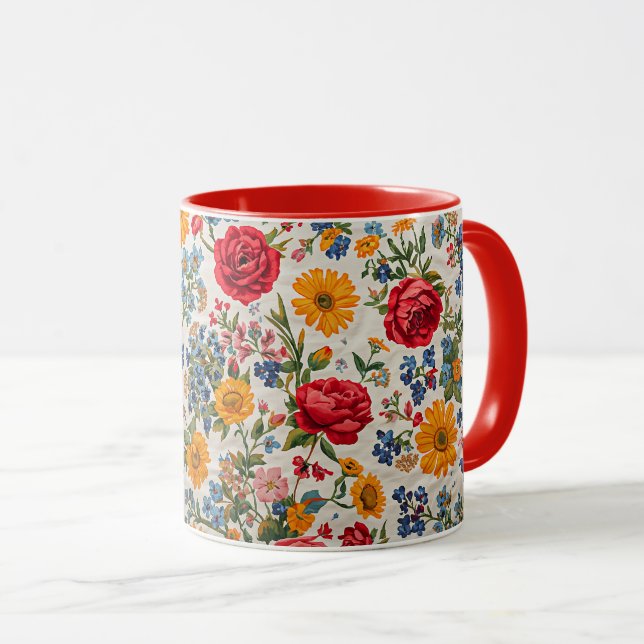 Flowers Everywhere, colorful design, Mug (Front Right)