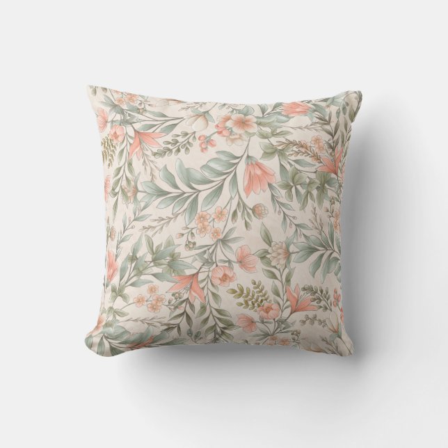Flowers Everywhere Peach and Blue Sage  Throw Pillow (Front)