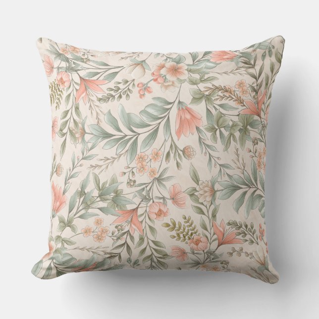 Flowers Everywhere Peach and Blue Sage Throw Pillow (Front)