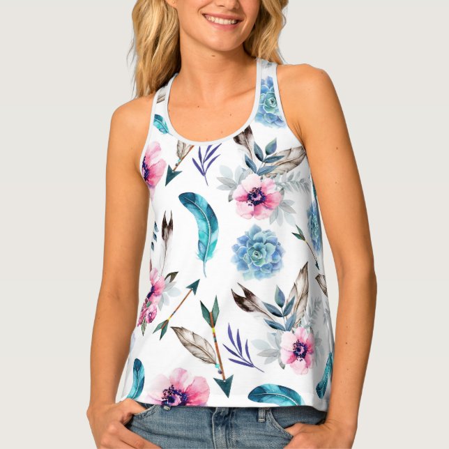 Flowers Feathers & Arrows Boho Chic Bohemian Tank Top (Front)