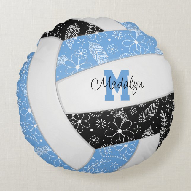 flowers feathers paislies lt blue black volleyball round pillow (Front)