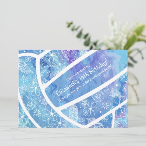 Flowers feathers paislies pattern blue volleyball invitation