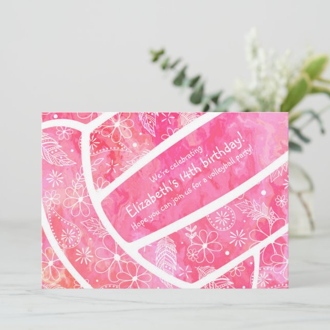 Flowers feathers paislies pink volleyball party invitation (Standing Front)