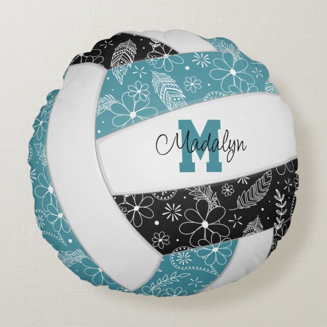 flowers feathers paislies teal black volleyball round pillow (Front)