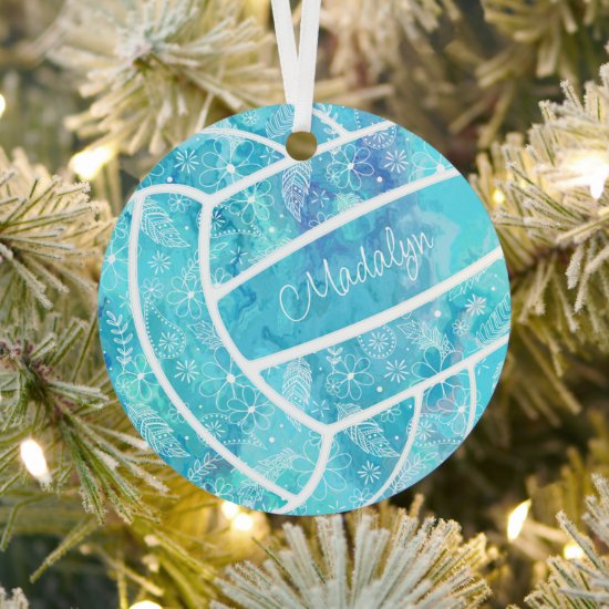flowers feathers paislies turquoise volleyball metal ornament