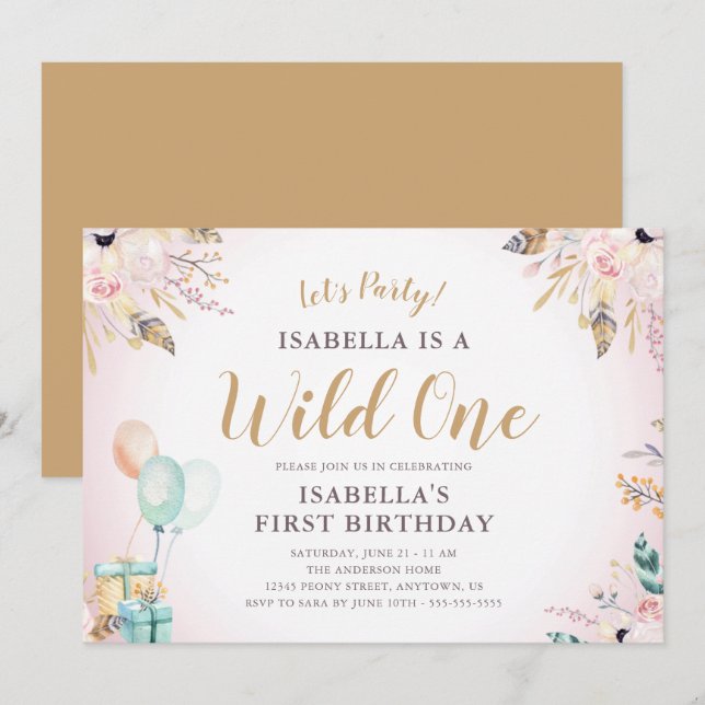 Flowers & Feathers Wild One Girl's 1st Birthday Invitation (Front/Back)