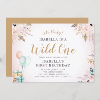 Flowers & Feathers Wild One Girl's 1st Birthday Invitation by daisylin712 at Zazzle