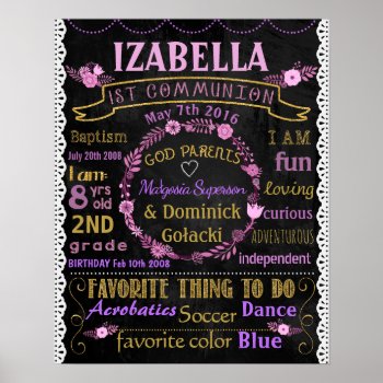 Flowers First Communion Chalkboard Sign Poster 235 by 10x10us at Zazzle