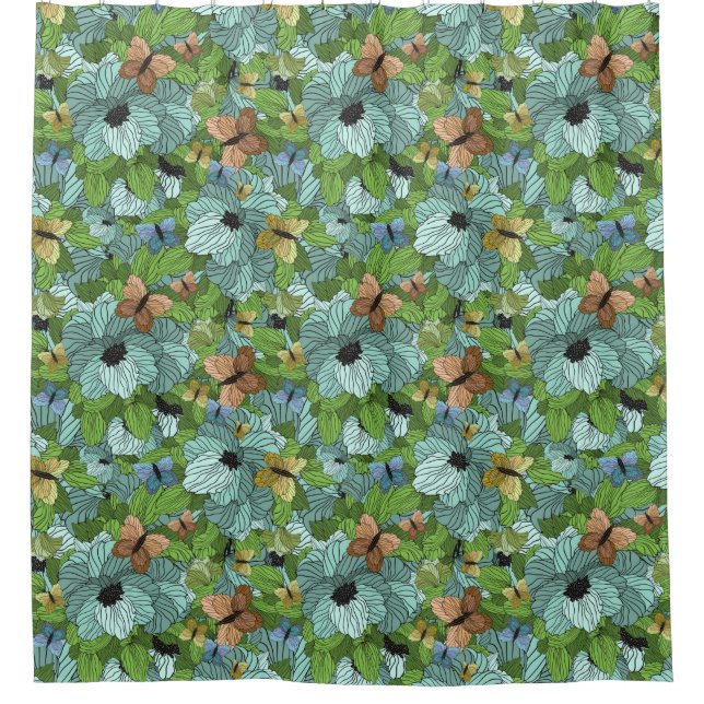Flowers Floral Foliage Butterflies Shades of Green Shower Curtain (Front)