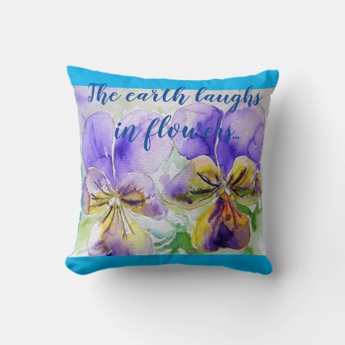 Flowers floral Turquoise Blue pansy poppy Cushion