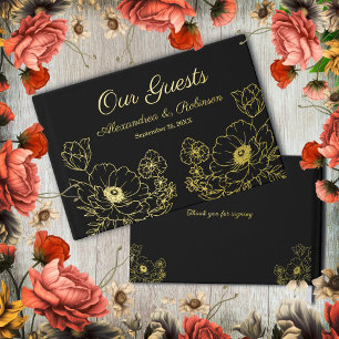 Flowers Floral Wedding Anniversary Gold Black Foil Guest Book