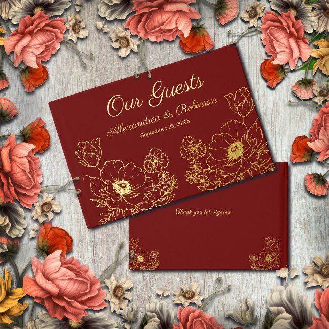 Flowers Floral Wedding Anniversary Gold Red Foil Guest Book (Flowers Floral Wedding Anniversary Gold Red Foil Guest Book is wonderful for guest to sign at event.)