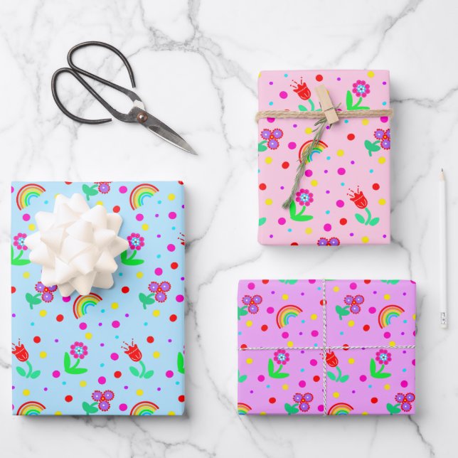 Flowers, Flowers and Polka Dots Girl's   Wrapping Paper Sheets (Front)