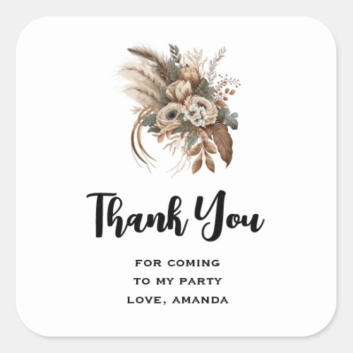 Flowers Foliage and Feathers Party Thank You Square Sticker