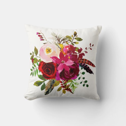 Flowers Foliage and Feathers Watercolor Pillow