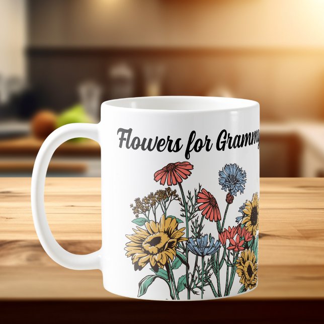  FLOWERS FOR GRAMMY Blues/ Yellows Personalize Coffee Mug (Elegant wildflowers, Personalize, Flowers for...  Wording.)