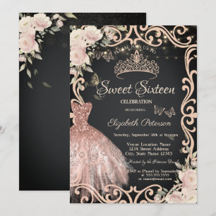 Flowers Frame Dress Glitter Butterflies Sweet 16 Invitation