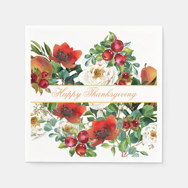 Flowers, Fruit and Red Berries Thanksgiving Napkins (Front)