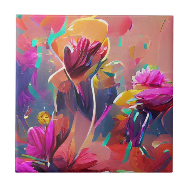 Flowers fuchsia yellow pink digital art  ceramic tile (Front)