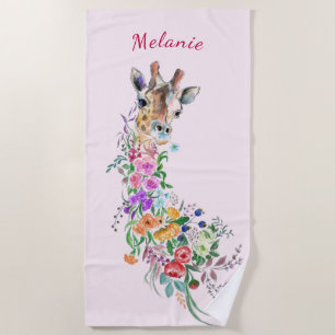 Flowers Giraffe Beach Towel Gift Custom Name