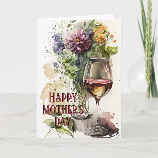 Flowers & Glass of Wine, Perfect Gift, Mothers Day Card (Front)