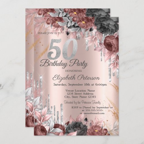  Flowers Glitter Drips Rose Gold 50th Birthday  Invitation