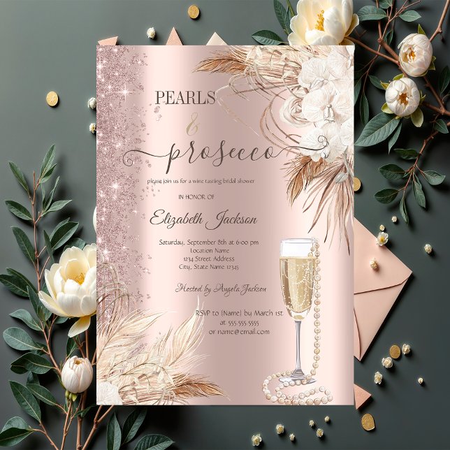 Flowers Glitter Pearls & Prosecco Bridal Shower Invitation (Creator Uploaded)