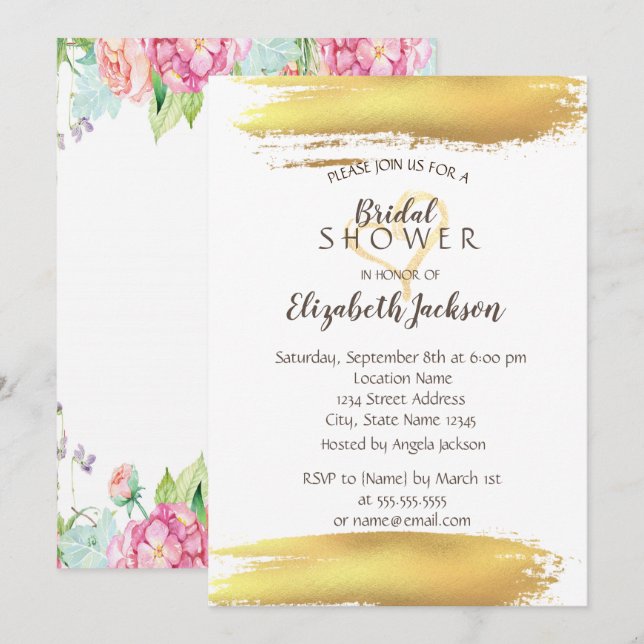 Flowers Gold Brush Stroke Bridal Shower Invitation (Front/Back)