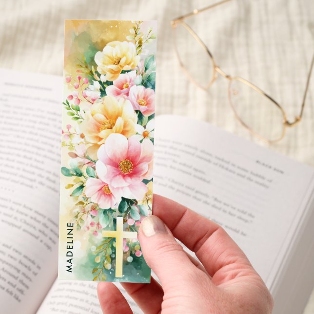 Flowers Gold Cross Personalized Christian Bookmarks (Hand)