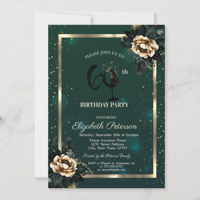 Flowers Gold Frame Green Wine Glass 60th Invitation (Front)