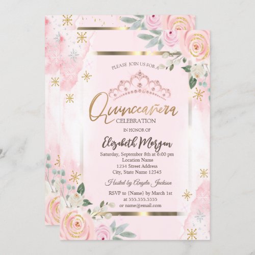  Flowers Gold Frame Pink Roses Quinceaera Invitation